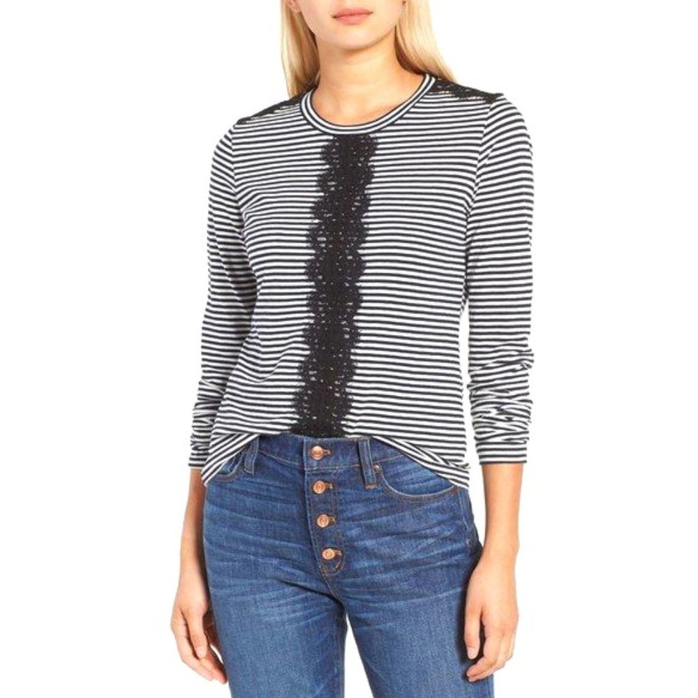 J. Crew Black and White Striped Lace Trimmed Long Sleeve T-shirt